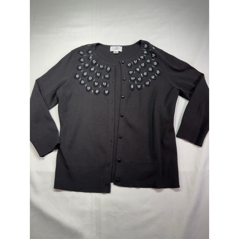 Ann Taylor Loft Womens Medium Black Beaded Sequin Cardigan Sweater 133388 - Picture 2 of 7